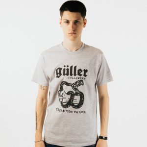T-Shirt “Guller “SnakeFightTheVenom”  grigio melange, stampa nera, regular fit.