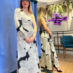 Anonyme Designers Abito Lungo Monospalla Fantasia Nera