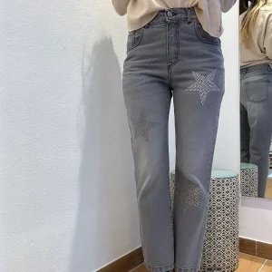 ECO Pantalone Sigaretta Denim Strass