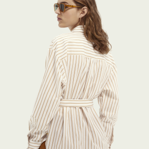 Camicia in cotone e cupro a righe con cintura